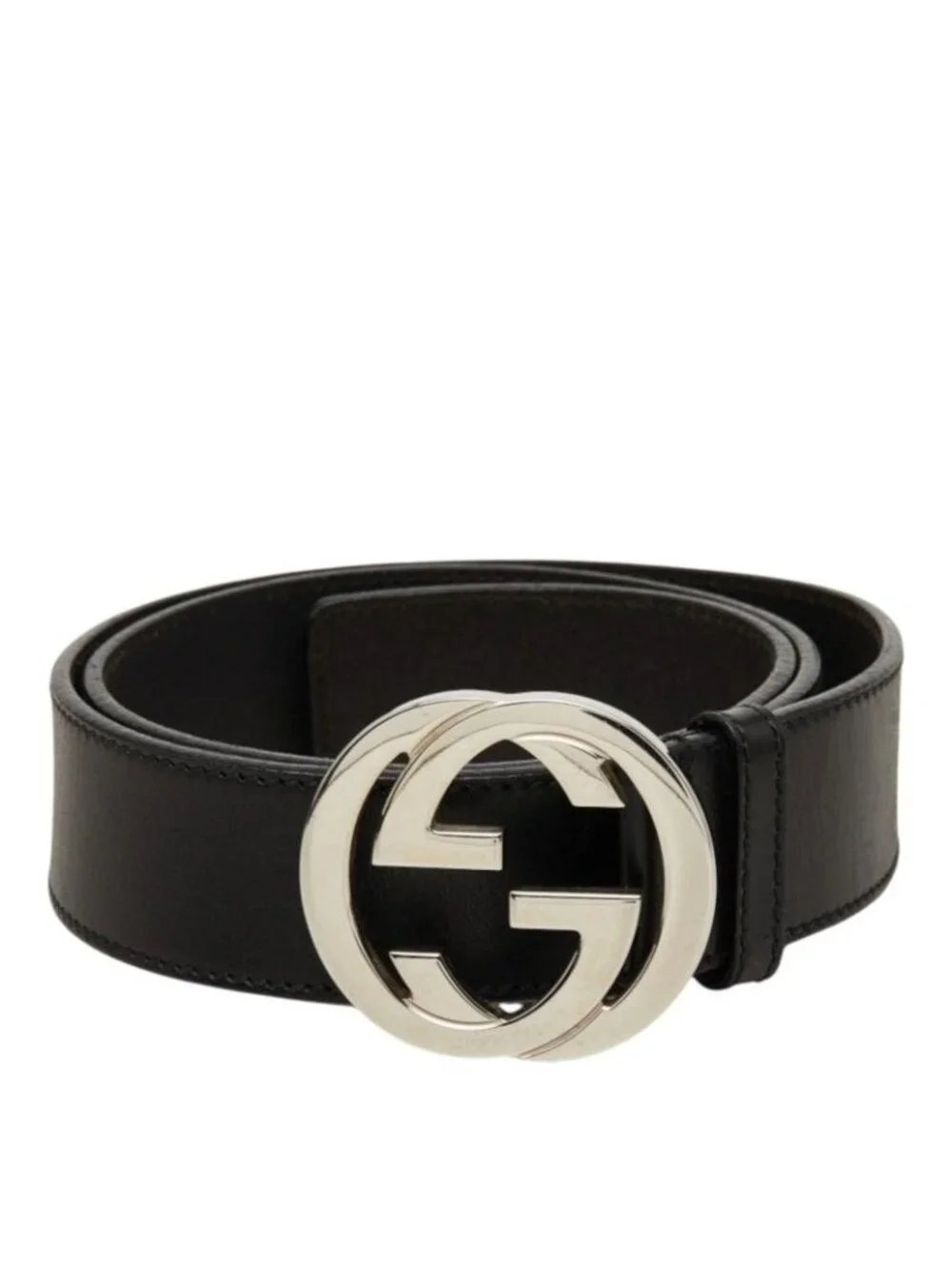 Gucci Interlocking G GG Logo Buckle Belt Black Silver Leather